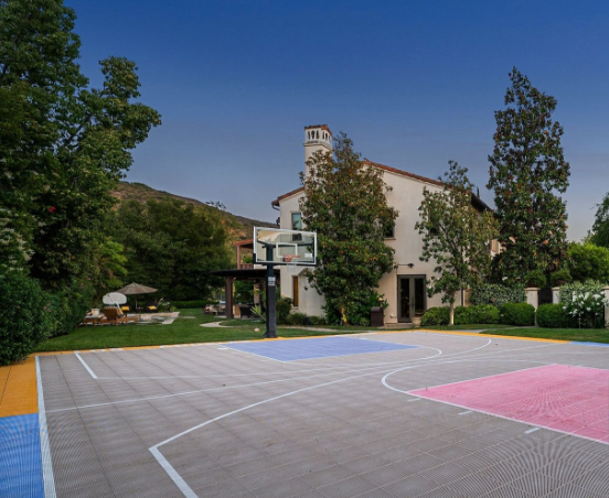 Colourful Basketball Court in Backyard with House in the Background