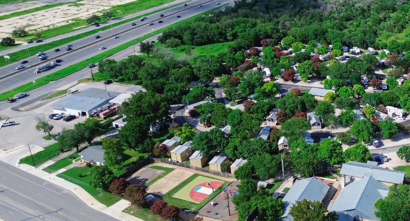 Caravan Park From Above with a Basketball Court and Recreational Play Area