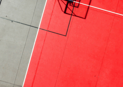 Birds Eye View of Custom Red and White Basketball Court