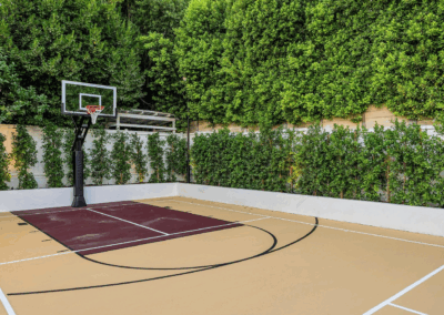 Basketball Court in a Backyard with Green Hedges